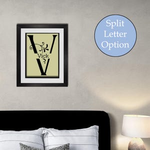 Monogram letter V, editable, printable custom initial print wall art. Gift for wedding, last name sign, dorm room or nursery in 2 sizes.