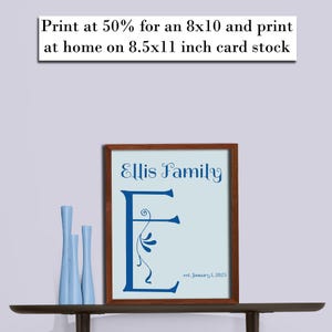 Monogram letter E, editable, printable custom initial print wall art. Gift for wedding, last name sign, dorm room or nursery in 2 sizes.