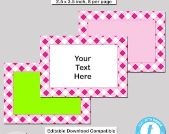Essen Tischkarten 2,5 x 3,5 Zoll. Pink Gingham Design, bearbeitbare, druckbare JPG- und PDF-Download-Dateien zum Dekorieren Ihres Geburtstagsfeiertisches