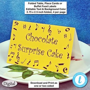 Cartes pour lieux, nourriture, table - 3,75 x 2,5 pouces pliées, notes de musique et symboles conçoivent des étiquettes modifiables et imprimables personnalisées pour une décoration de fête musicale