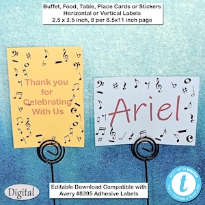 Tarjetas de comida, lugar y mesa de 2,5 x 3,5 pulgadas. Notas y símbolos musicales, etiquetas personalizables, editables e imprimibles para personalizar la decoración de tu fiesta musical