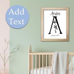 Monogram letter A, editable, printable custom initial print wall art. Gift for wedding, last name sign, dorm room or nursery in 2 sizes.