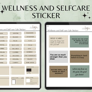 May include: A digital planner sticker sheet with a beige background and black text. The sticker sheet is divided into two sections. The left section has a grid of 20 stickers with words like "work", "day off", "selfcare", "grateful", "planning", "journaling", "me time", "workout", "reading", "notes", "to do", "grocery", "personal", "laundry", "drink water", "shopping", "blessed", "relax", "self love", "wellness", "cleaning", "groceries", "for tomorrow", "holiday", "housework", "appointment", "focus", "goal", "reminder". The right section has five stickers with motivational quotes about self-care. The quotes are: "Self-care: doing the things that make you feel more like yourself", "Focus on the step in front of you, not the whole staircase", "You are so much stronger than you think", "Everything is hard before it is easy", "Eating well is a form of self-respect".