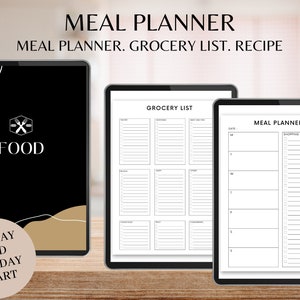 May include: Three digital screens displaying a meal planner, grocery list, and recipe template. The screens are on a wooden surface. The meal planner screen has a black and white design with a calendar and a shopping list. The grocery list screen has a black and white design with a list of categories and spaces for writing. The recipe screen has a black and white design with a title, ingredients, and instructions.