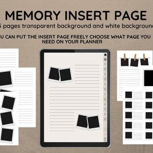 Puede incluir: Un conjunto de páginas de planificador imprimibles con una función de inserción de memoria. Las páginas tienen un fondo rayado e incluyen varios marcos de fotos para agregar fotos personales. El texto en la página dice "MEMORY INSERT PAGE 15 pages transparent background and white background YOU CAN PUT THE INSERT PAGE FREELY CHOOSE WHAT PAGE YOU NEED ON YOUR PLANNER".