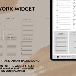 May include: A digital planner screen displaying a work widget with sections for work goals, work plan, work list, work schedule, meeting notes, and work ideas. The widget has a gray background and black text. The screen also shows a yearly index and other icons.