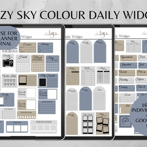 Op de afbeelding: Een set digitale plannerwidgets met 165 individuele PNG-bestanden voor Goodnotes. De widgets zijn in een blauw en bruin kleurenschema en bevatten verschillende secties voor dagelijkse planning, zoals oefening, slaap, stemming, gewoonte en meer.