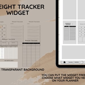 Peut inclure: Un écran d'agenda numérique affichant un ensemble de six widgets de suivi du poids imprimables. Les widgets sont conçus pour être utilisés dans un agenda ou un journal. Les widgets sont en noir et blanc et ont un design minimaliste. Les widgets comprennent une grille pour suivre le poids, un espace pour les notes et une section pour la motivation. Le texte à l'écran indique "WEIGHT TRACKER WIDGET" et "6 PNG FILE TRANSPARENT BACKGROUND".