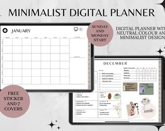 Ongedateerde digitale planner, minimalistische digitale levensplanner, Goodnotes-planner, iPad-planner, zondag en maandag begonnen planner, esthetische planner