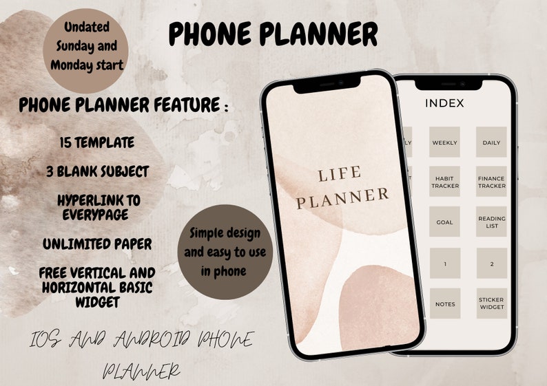 May include: A phone screen mockup showing a life planner app with a simple design and easy to use interface. The app features a weekly and daily planner, habit tracker, finance tracker, goal setting, reading list, notes, and a sticker widget. The app is available for both iOS and Android.
