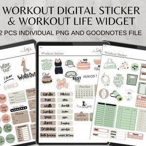 May include: Digital stickers and widgets for a workout journal or planner. The stickers are in a green and pink color scheme and feature illustrations of weights, yoga poses, and other workout-related imagery. The text on the stickers includes phrases like "Work Out", "I am Goals", "Rest Day", and "Take Time for Yourself".