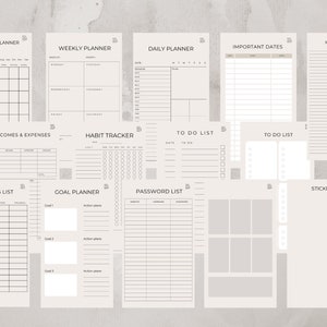 May include: A set of printable planner pages with a minimalist design. The pages include a monthly planner, weekly planner, daily planner, important dates, to do lists, habit tracker, income and expenses, reading list, goal planner, password list, and sticker page.