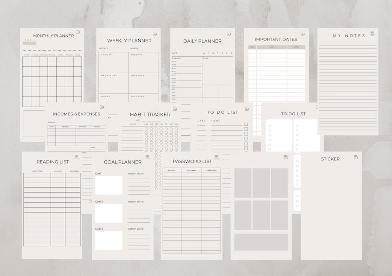 May include: A set of printable planner pages with a minimalist design. The pages include a monthly planner, weekly planner, daily planner, important dates, to do lists, habit tracker, income and expenses, reading list, goal planner, password list, and sticker page.