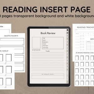 May include: Printable reading log pages with sections for book reviews, quotes, a reading tracker, a book wishlist, and a 25 books reading challenge. The pages are designed with a simple, minimalist aesthetic.
