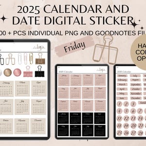 Peut inclure: Autocollants numériques pour planificateur 2025 avec un schéma de couleurs beige et noir. Les autocollants comprennent un calendrier, les jours de la semaine et les numéros de 1 à 31. Le texte "2025 Calendar and Date Digital Sticker" est en haut de l'image.
