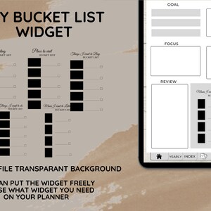 May include: A printable planner widget with a black and white design. The widget is labeled "My Bucket List Widget" and includes sections for "Traveling", "Places to Visit", "Things I Want to Buy", "Things I Want to Do", "Movies I Want to Watch", and "Music I Want to Listen To".