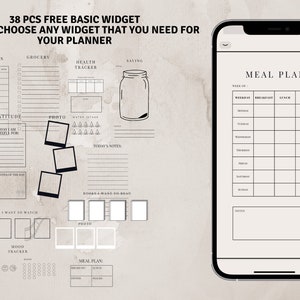May include: A digital planner template with 38 free basic widgets. The widgets include a meal plan, grocery list, health tracker, and more. The template is designed for use on a smartphone or tablet.