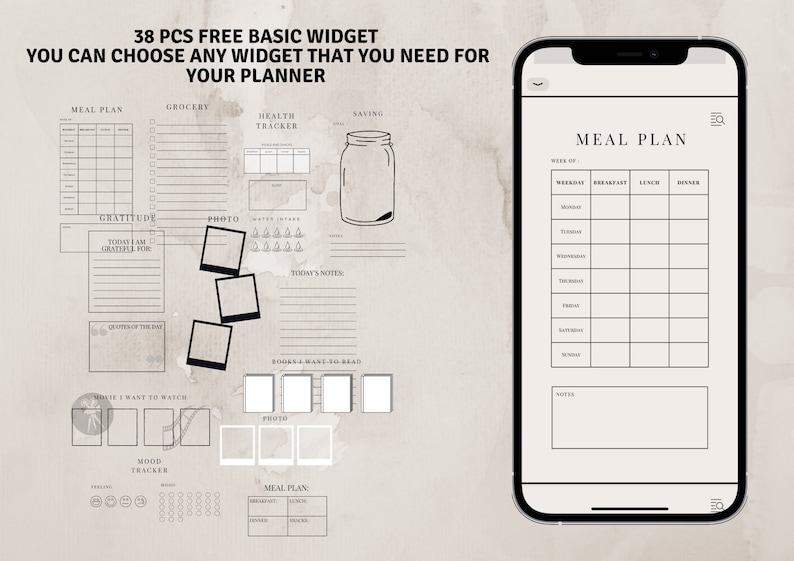 May include: A digital planner template with 38 free basic widgets. The widgets include a meal plan, grocery list, health tracker, and more. The template is designed for use on a smartphone or tablet.