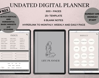 Digitale planner zonder datum, minimalistische digitale levensplanner zonder datum, GoodNotes iPad-planner (pdf), zondag en maandag begonnen, gratis widget