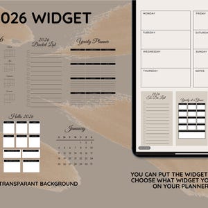 May include: Digital planner widgets for 2026, including a yearly calendar, bucket list, and weekly layout. The image features a neutral color palette with the text "2026 WIDGET" and "35 PNG FILE TRANSPARANT BACKGROUND".