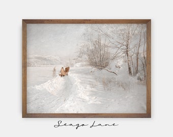 Winter Landscape Painting | Vintage Horse and Sleigh Art (Digital Download)