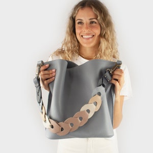 Handmade Leather Bucket Bag: Multicolor Link Strap Shoulder Bag