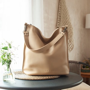 Shoulder Leather Hobo Bags. Handmade Genuine Leather Bags for women. Leather Purses. Leather Travel Bag. Mother's day present. June. Beige