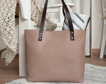 Handmade Full Grain Leather Tote Bag with Zipper: Personalized Shopping Bag. DINA