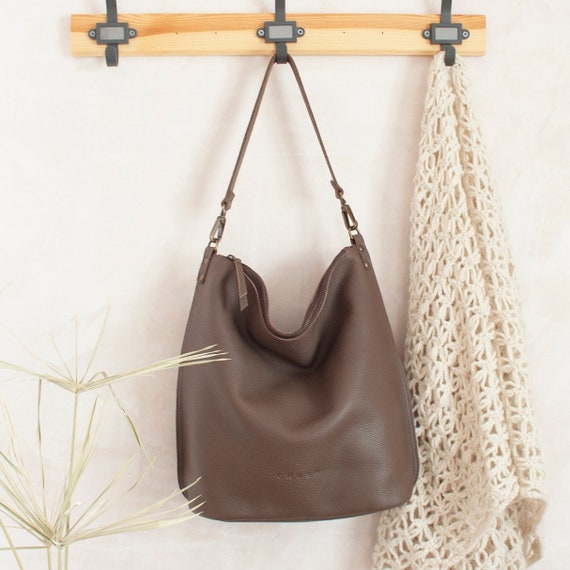 Brown Genuine Leather Top Handle Minimalist Bucket Bag with Wide Strap