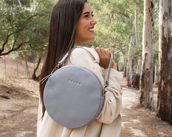Handmade Leather Crossbody Bag: Soft Round Shoulder Bag, 13 Colors. SUN