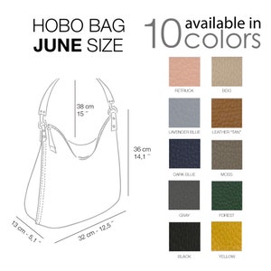 Sacs hobo en cuir souple pour femme. Sac en cuir véritable fait main. Sac à bandoulière en cuir. Idée cadeau fait main pour maman. 10 couleurs. Juin image 9