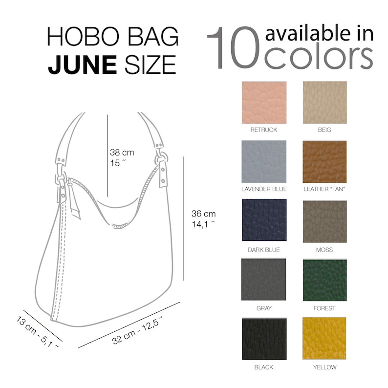 Sacs hobo en cuir souple pour femme. Sac en cuir véritable fait main. Sac à bandoulière en cuir. Idée cadeau fait main pour maman. 10 couleurs. Juin image 9