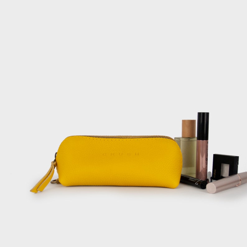 Zipper Pencil Case. Minimalist Makeup Bag. Cosmetics Bag for Women. Eyeglasses Case. Leather Travel Box. Handmade Gift for her. LENA M. Yellow