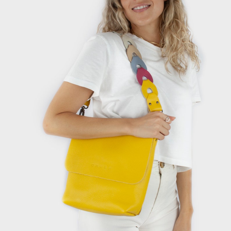 Leather Crossbody Bag. Metalic zipper. Multicolor link strap. Handmade Crossbody Bag. Crossbody bag women. Available in 13 colors. Joy. Yellow