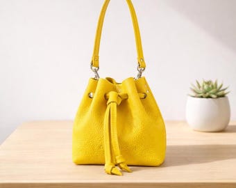Leather Bucket Bag, Minimalist Drawstring Purse, Adjustable Shoulder Strap. MAGIC
