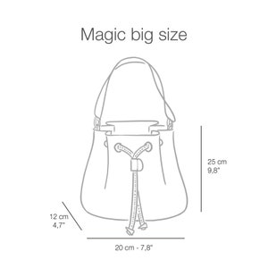 May include: Line drawing of a gray bucket bag with a drawstring closure. The bag has a top handle and measures 9.8 inches tall, 7.8 inches wide, and 4.7 inches deep.