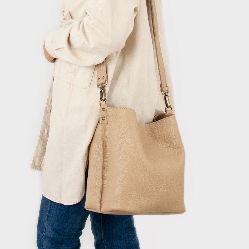 Shoulder Leather Bag. Bucket Bag for Women. Crossbody Bag. Unique Handmade Gifts for her. Crossbody Purse. Available in 10 colors. Mae. Beige