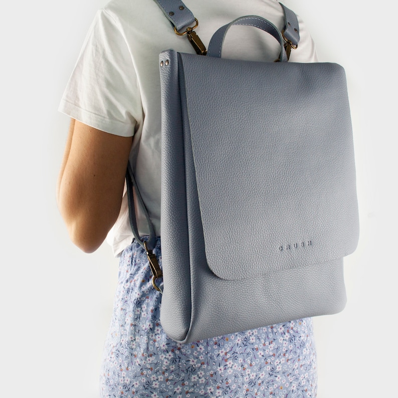 Full grain leather backpack. Convertible laptop backpack. Handmade backpack for travel. Gift for her. Work Bag for Women. Minimalist.BIG LEA Lavender blue