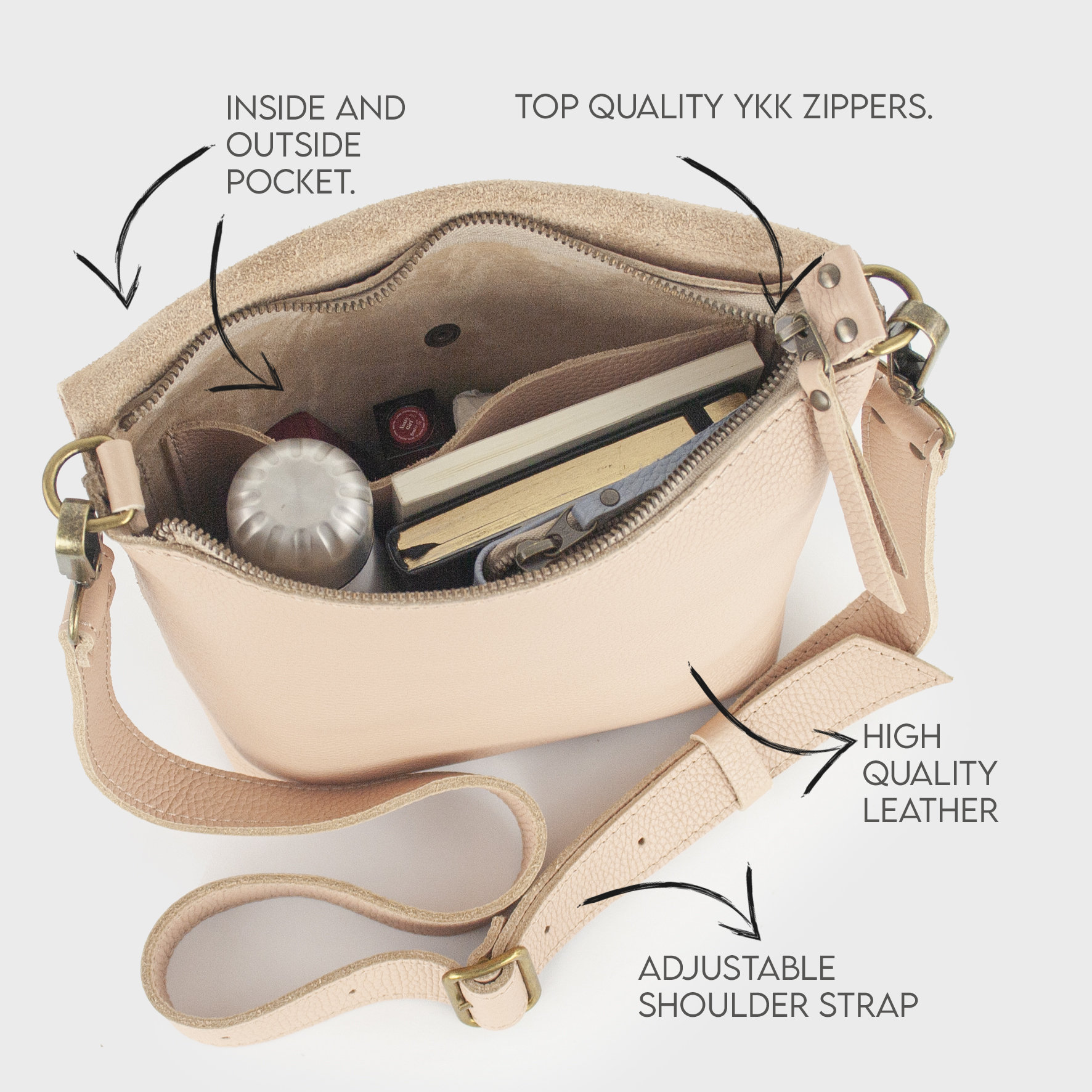 Leather Crossbody Bag. Metalic Zipper. Handmade Crossbody