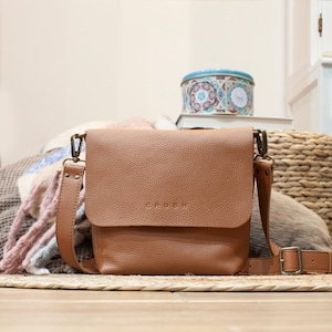 Handmade Tan Leather Crossbody Bag - JOY M - Adjustable Strap