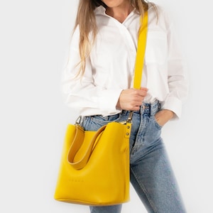 Shoulder Leather Bag for women. Genuine Leather Bag. Bucket Bag. Gift for women. Leather Purse. Travel Bag. Crossbody Purse. 10 colors. Mae. Yellow