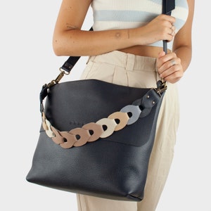 Leather Crossbody Bag. Metalic zipper. Multicolor link strap. Handmade Crossbody Bag. Crossbody bag women. Available in 13 colors. Joy. Dark Blue