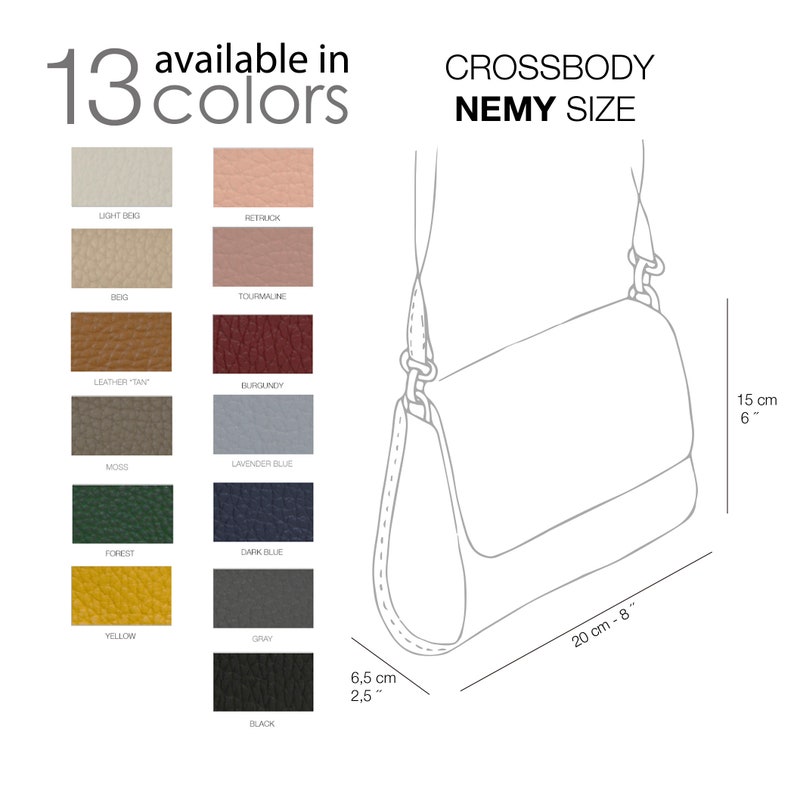 Kleine leren crossbodytas voor dames. Handgemaakte leren handtassen. Leren schoudertas. Dagelijkse tas. Dames portemonnees. Cadeau voor moeder. NEMY afbeelding 9