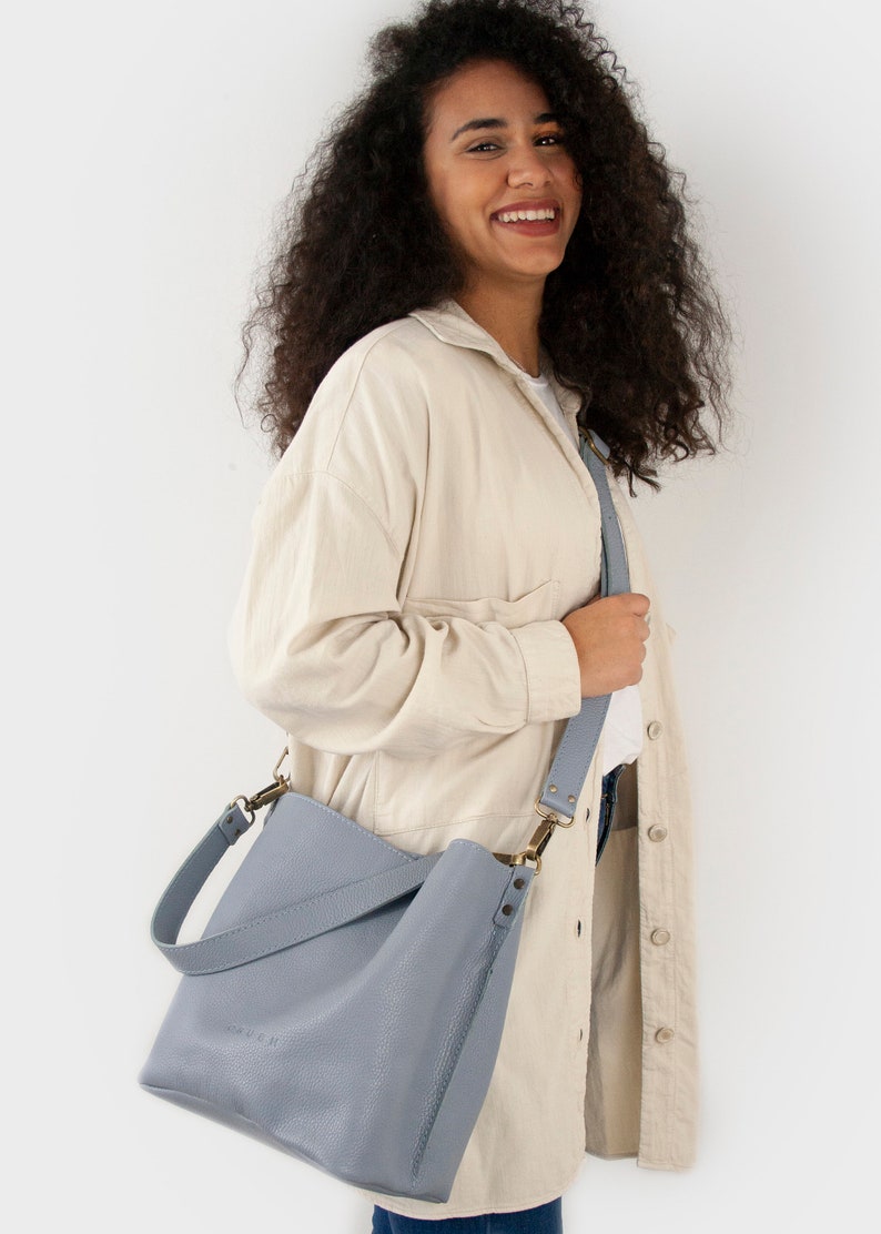 Shoulder Leather Bag. Bucket Bag for Women. Crossbody Bag. Unique Handmade Gifts for her. Crossbody Purse. Available in 10 colors. Mae. Lavender blue