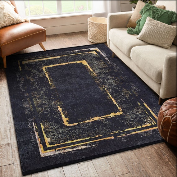 Black Gold Area Rug for Living Room Rugs Bedroom Kitchen Chic Etsy