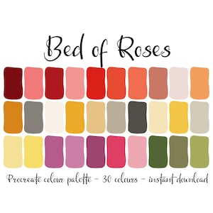 Puede incluir: Una paleta de colores titulada "Bed of Roses" con 30 muestras de color rectangulares en tonos de rojo, rosa, naranja, amarillo, gris y verde. El texto "Procreate color palette - 30 colors - instant download" está debajo.