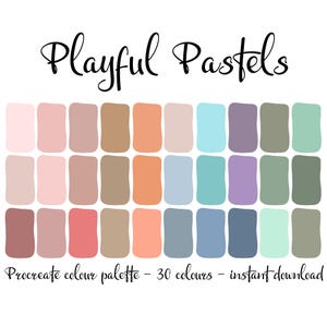 May include: A digital colour palette with 30 pastel colours arranged in a grid. The colours include shades of pink, peach, brown, blue, green, and purple. The text "Playful Pastels" is at the top of the image. The text "Procreate colour palette - 30 colours - instant download" is at the bottom of the image.