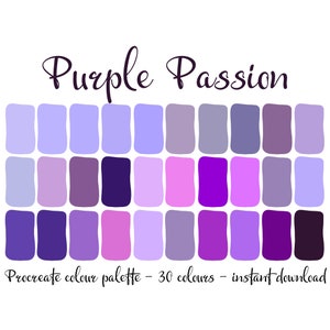 Könnte beinhalten: Eine digitale Farbpalette mit 30 Farbtönen in Lila, von hellem Lavendel bis zu tiefem Violett. Die Palette trägt den Titel "Purple Passion" und ist als Procreate-Farbpalette zum sofortigen Download gekennzeichnet.