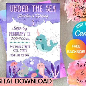 Narwhal Invitation, Mermaid Birthday Party, Under the Sea, Narwhal Birthday Invite, Sea Unicorn, Instant Download, Editable Digital Invite