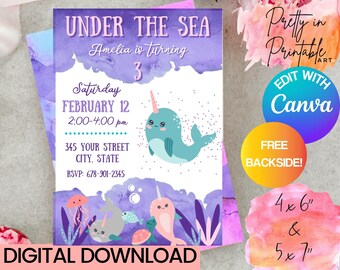 May include: Purple and blue watercolor birthday invitation with a narwhal illustration. The invitation says "Under the Sea" and "Amelia is turning 3". It also includes the date, time, and address for the party. The invitation is available as a digital download and can be edited with Canva.